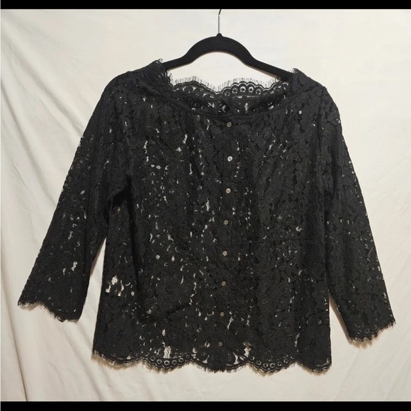 JOIE Allover Lace Elvia C Top in Black Caviar Sheer Transparent Button Down Back - Picture 4 of 5